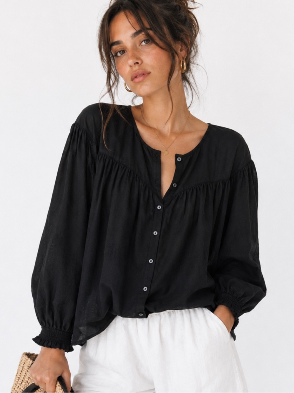 Uniqlo Comptoir Des Cotonniers Black Button-Front Puff Sleeve Blouse L NWT